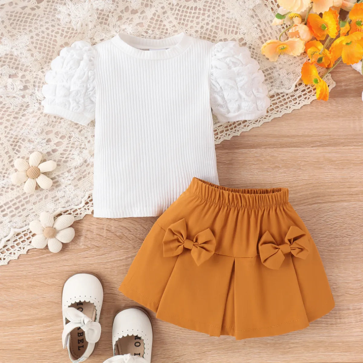 Pumpkin Bow Skirt & Puff Sleeve Top – Soft Knit Combo (1-5 Years)